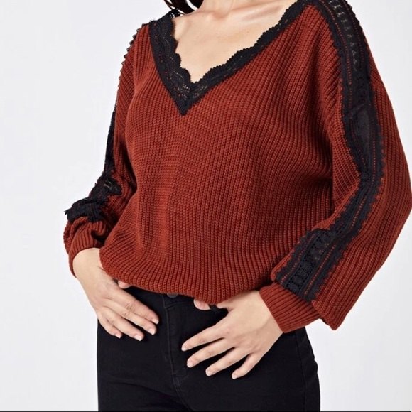 SHEIN Copper Knit Off-the-Shoulder Lace V-Neck Sweater - Picture 2 of 6